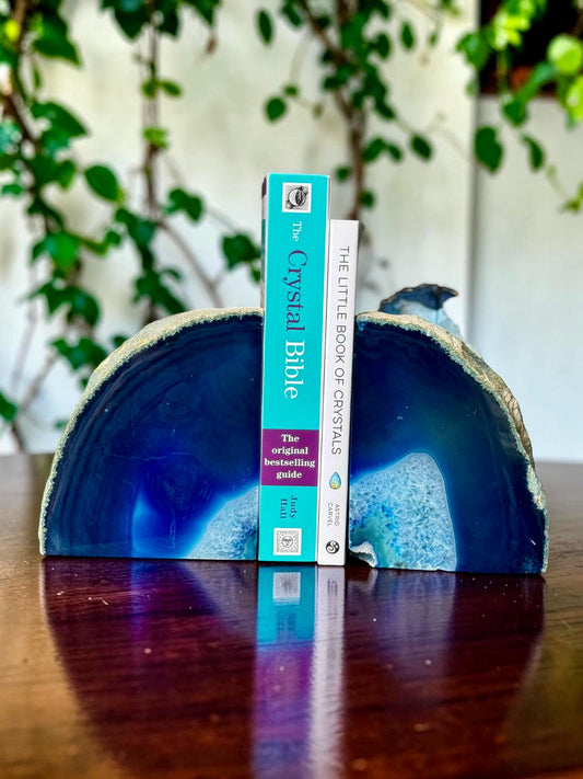 Blue Agate & Quartz Crystal Geode Bookends | Luxury Natural Agate Book Ends | Quartz Crystal Home Décor | Statement Crystal Gift | Set #3