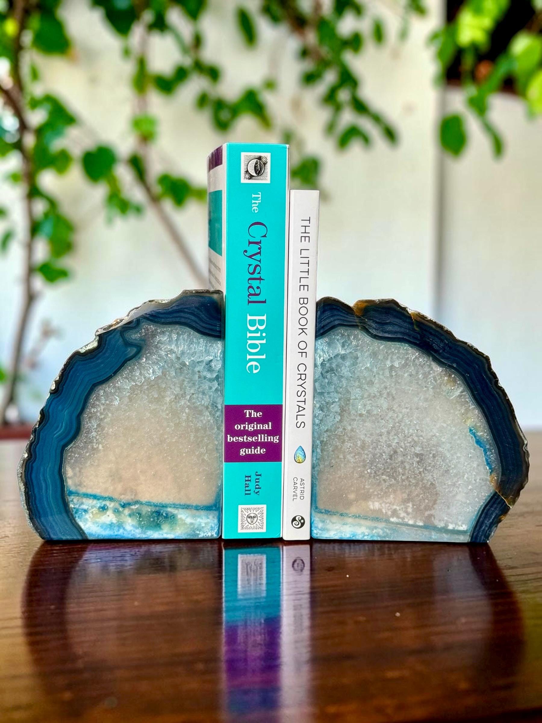 Blue Agate & Quartz Crystal Geode Bookends | Luxury Natural Agate Book Ends | Quartz Crystal Home Décor | Statement Crystal Gift | Set #6