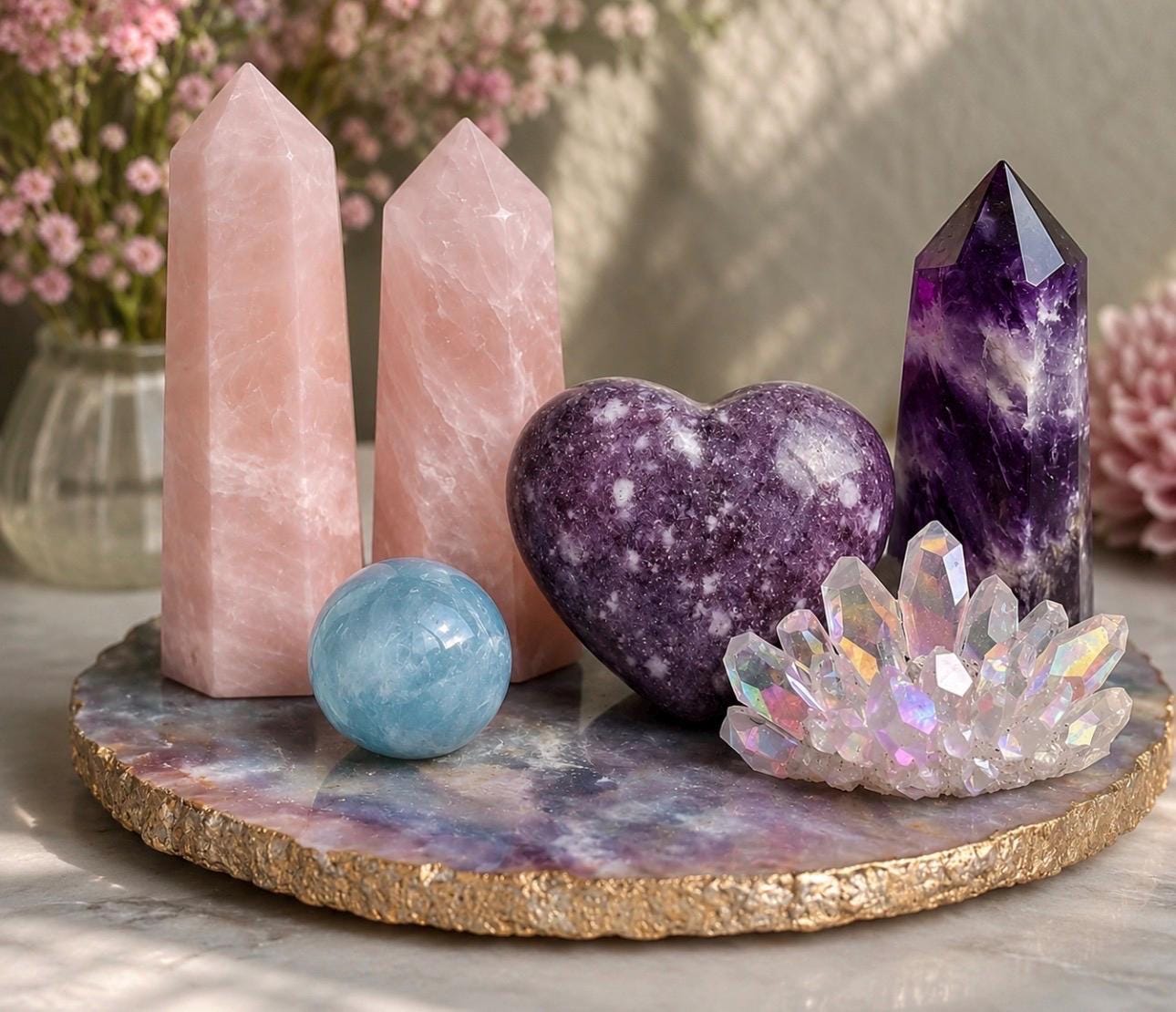 Pink Moon Crystal Box, Rose Quartz, Lepidolite Heart, Amethyst, Aquamarine Sphere