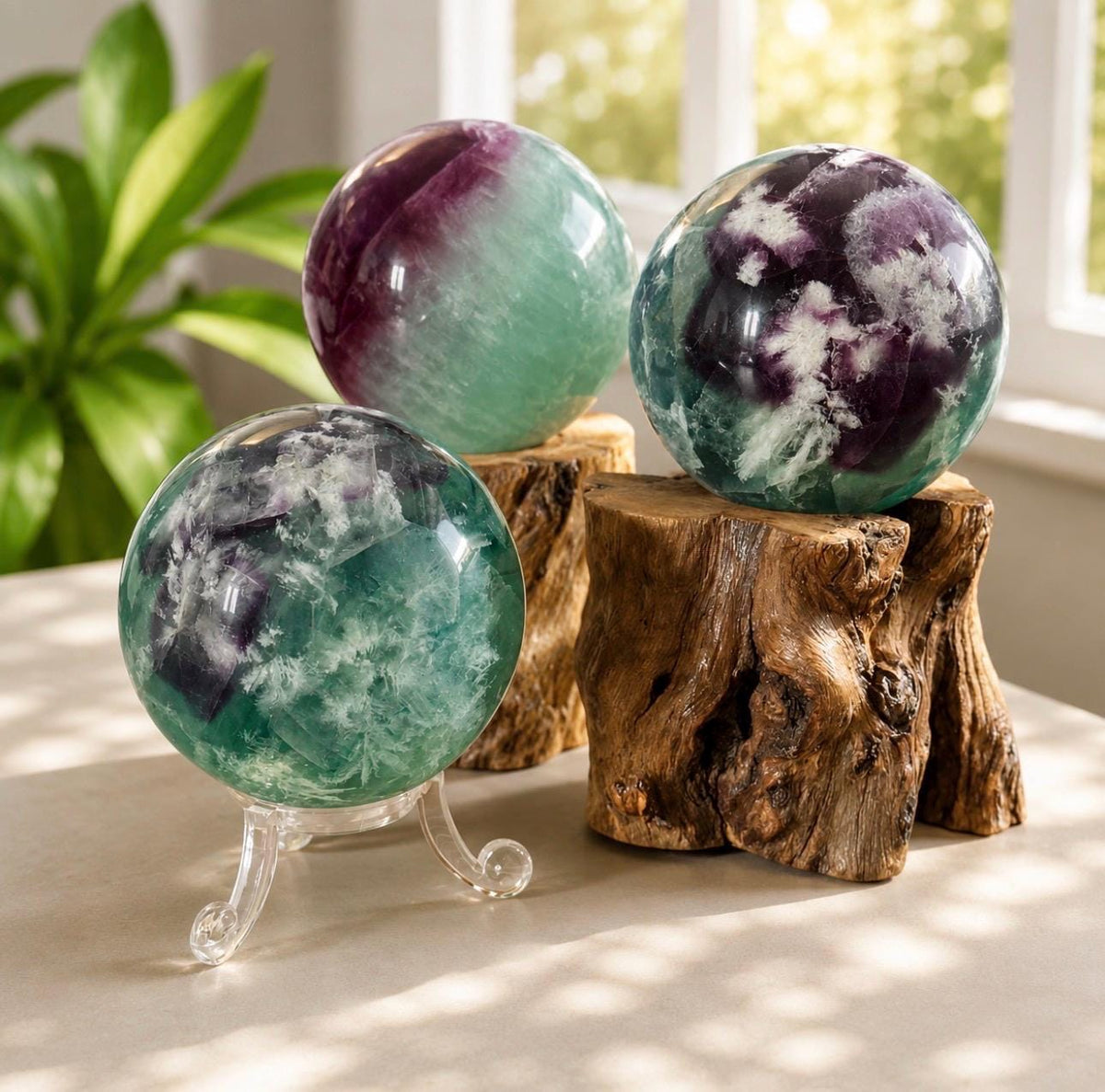 Feather Fluorite Crystal Sphere (55-65mm) – Dreamy Polished Stone, Optional LED Stand