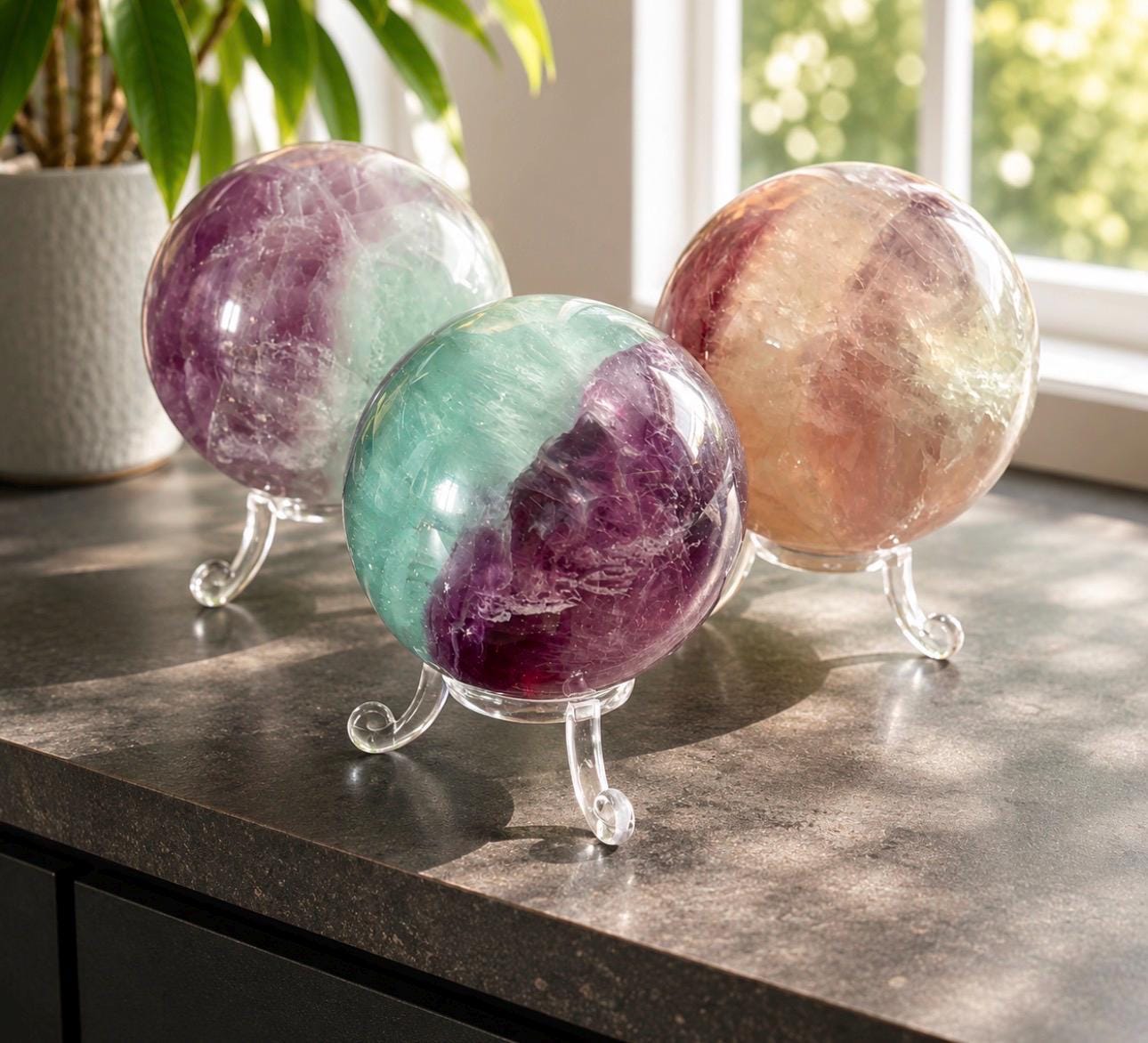 Watermelon Fluorite Sphere – Healing Crystal, Optional Light Stand (55-65mm