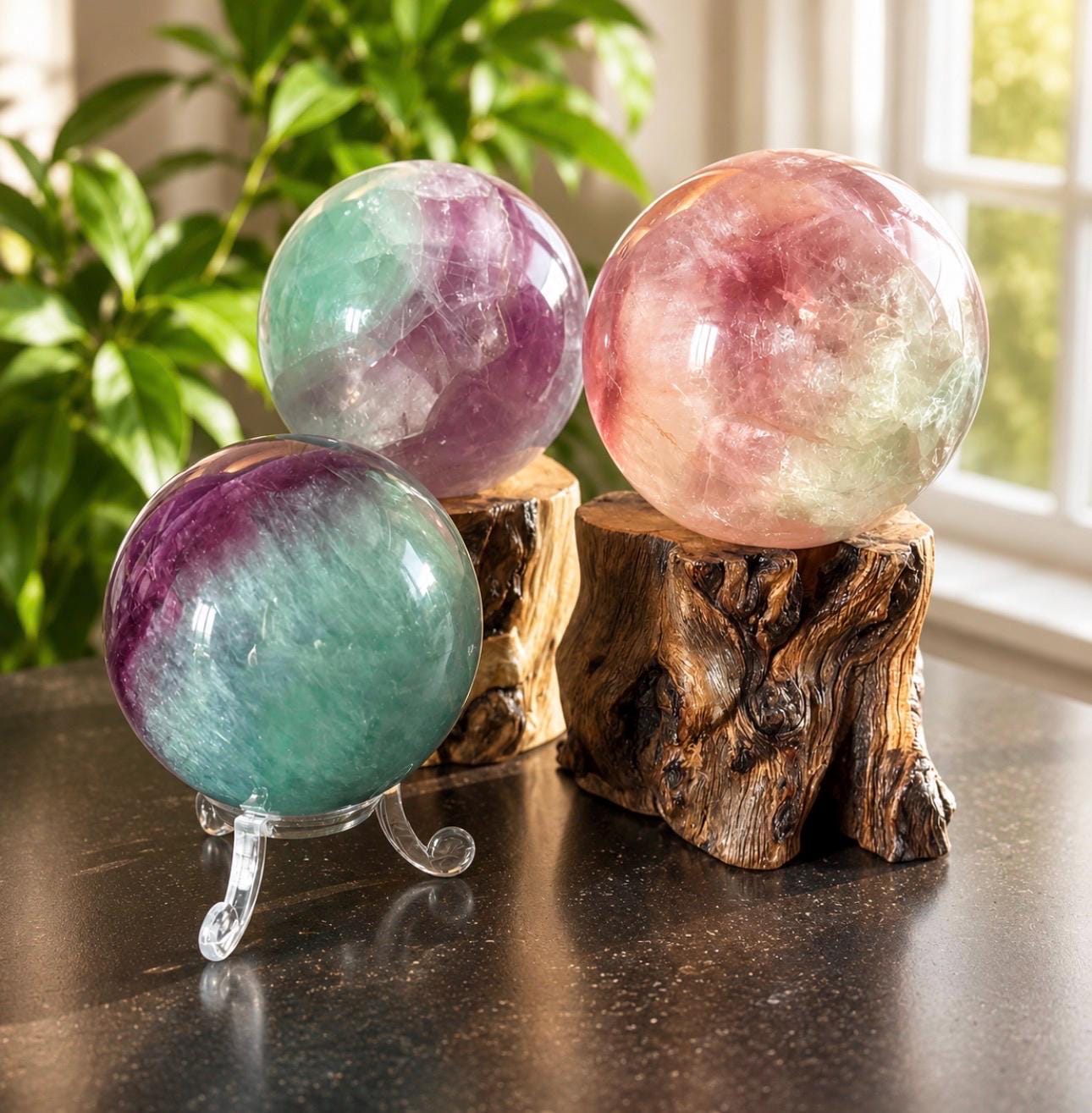 Watermelon Fluorite Sphere – Healing Crystal, Optional Light Stand (55-65mm