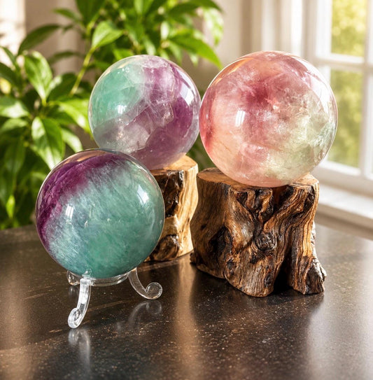 Watermelon Fluorite Sphere – Healing Crystal, Optional Light Stand (55-65mm