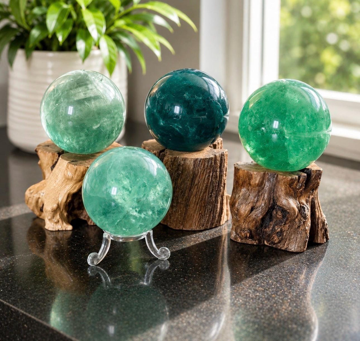 Green Fluorite Sphere Lamp, Wooden Branch Base, USB Powered