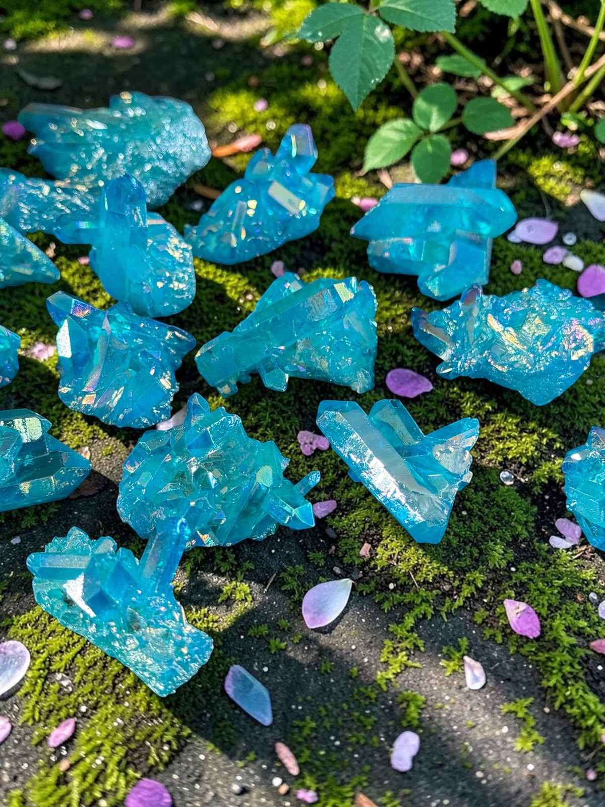 Mini Aqua Aura Quartz Crystal Clusters: Spiritual Healing Obelisk