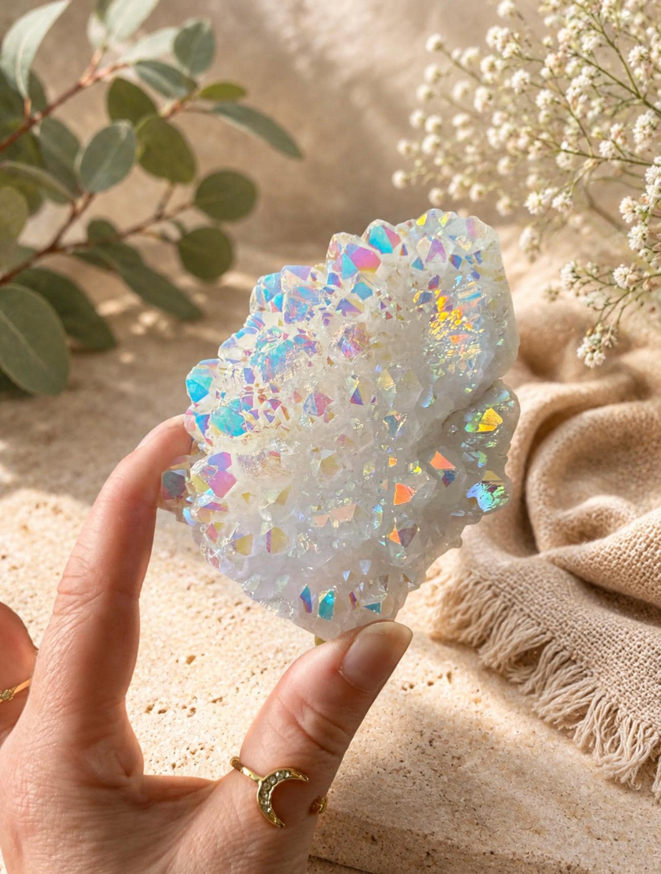 Opal Aura White Quartz Crystal Cluster: Ethereal Healing Stone, Unique Crystal Cluster. Luna by Louise UK