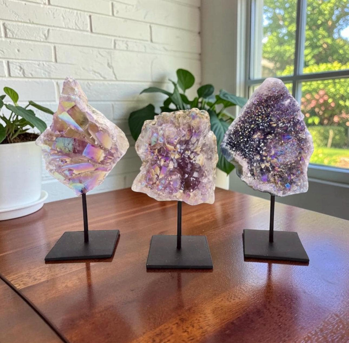 Angel Aura Quartz Cluster on Stand | Aura Quartz Display | Natural Quartz with Angel Aura Finish | Crystal Home Décor | Freestanding Crystal
