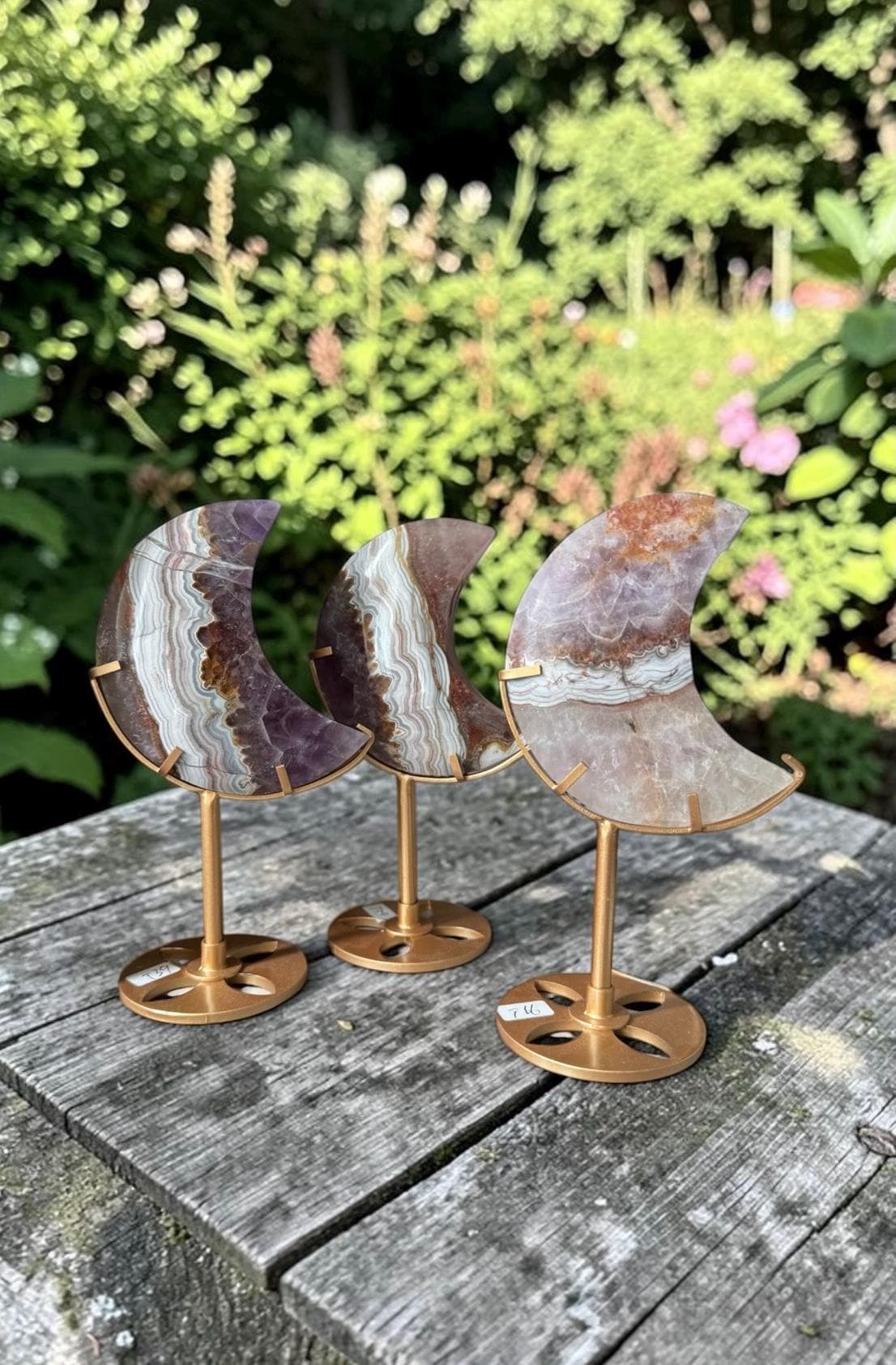 Amethyst & Lace Agate Crystal Moon Carving on Stand: Banded Statement Piece