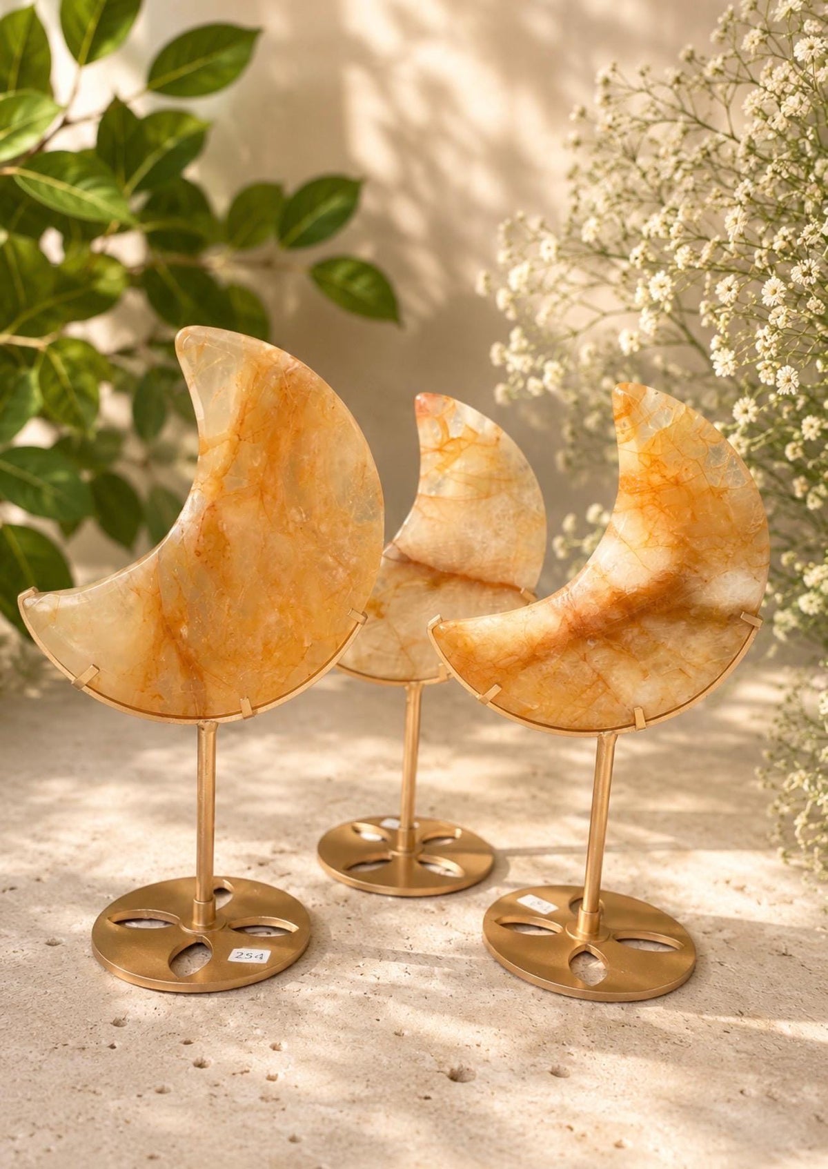 Large Golden Healer Quartz Crescent Moon Carving 21cm H| Natural Crystal Décor on Stand