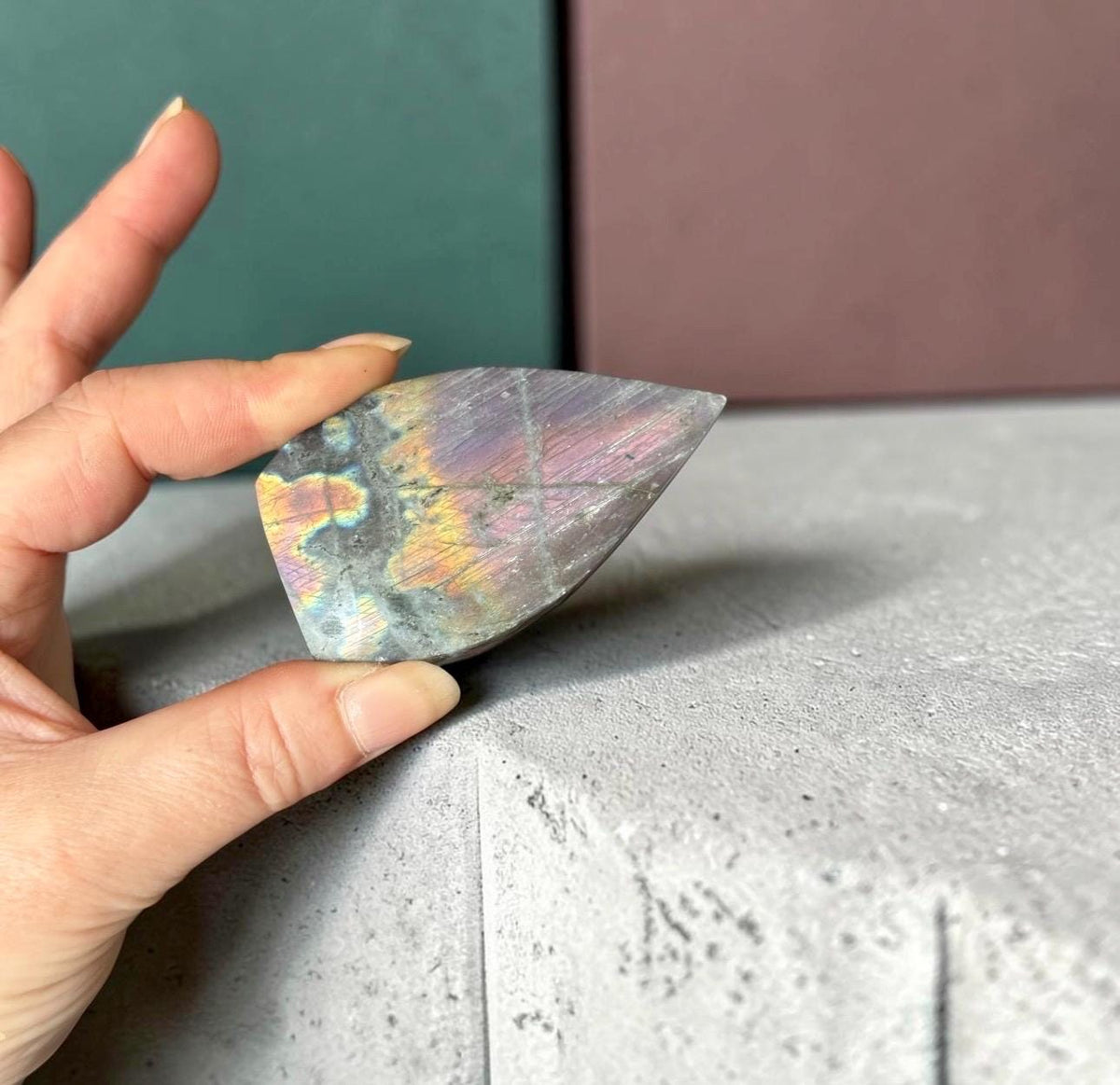 Polished Sunset Labradorite Crystal Flame : Pink, Purple, Gold Flash