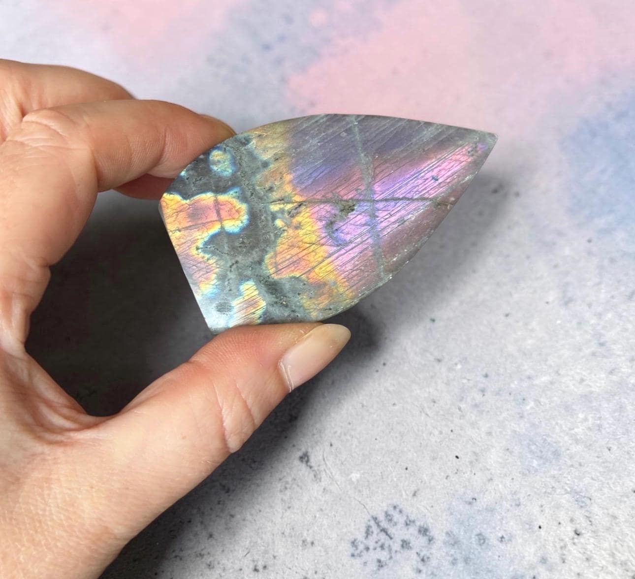 Polished Sunset Labradorite Crystal Flame : Pink, Purple, Gold Flash