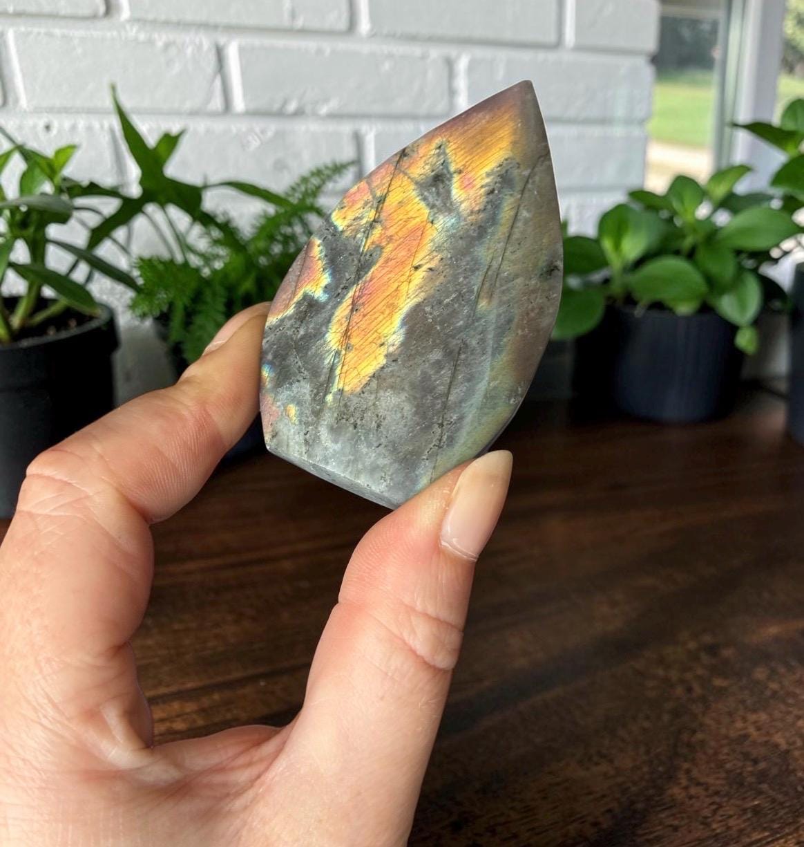 Polished Sunset Labradorite Crystal Flame : Pink, Purple, Gold Flash