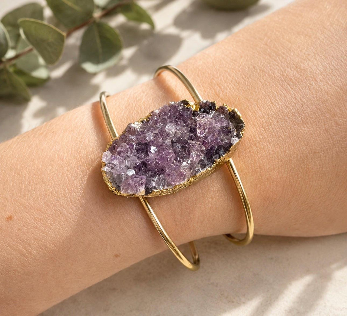 Amethyst Druzy Cuff Bangle: Crystal Healing Bangle. Handmade Gold Plated
