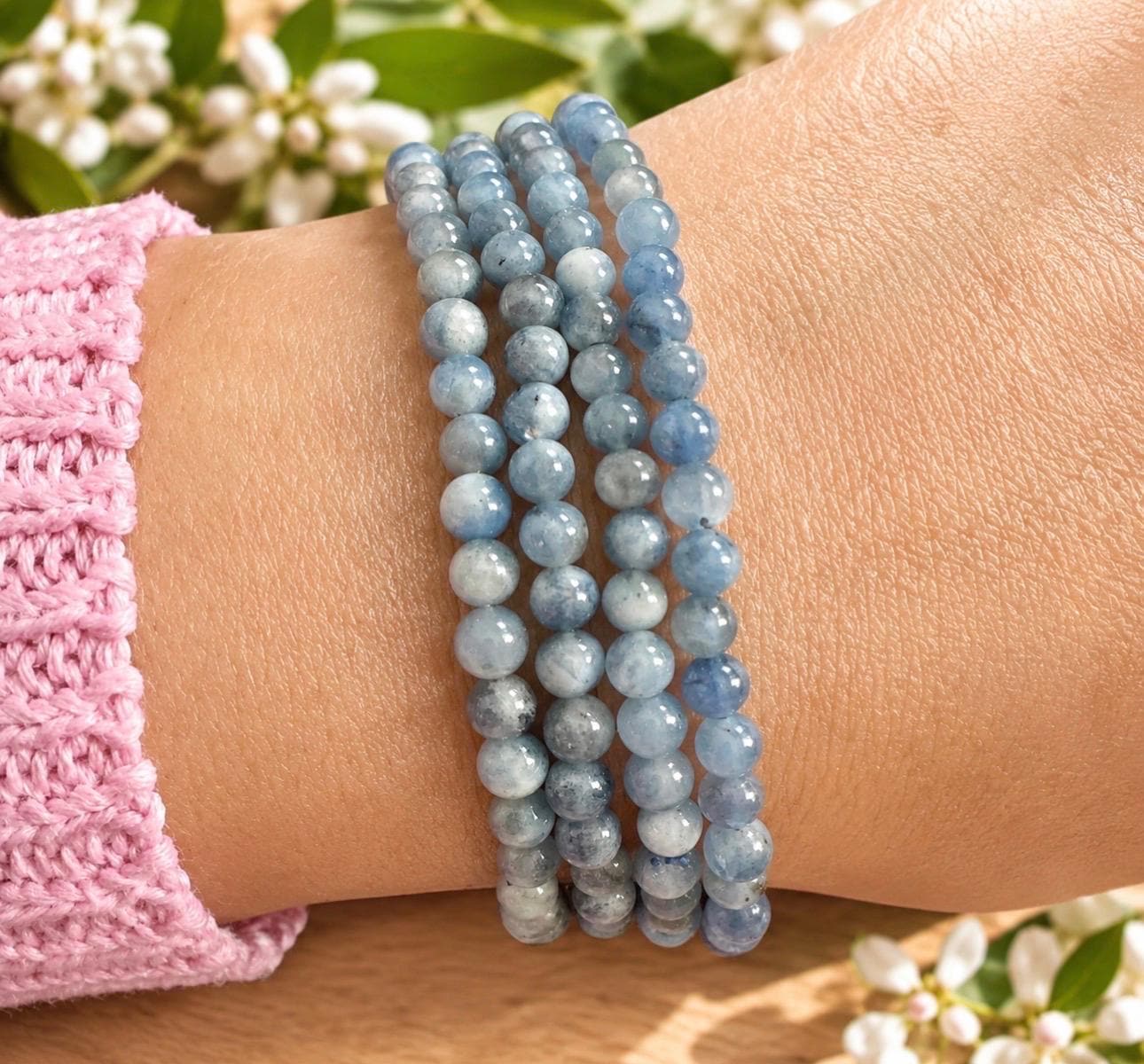 Aquamarine Crystal 3mm Bead Bracelet: Calm Energy, Luna by Louise 7.5"