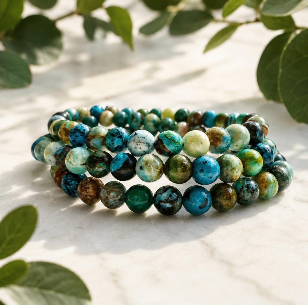 Chrysocolla Crystal Bead Bracelet: Handmade 6mm Stretch Bracelet, 7.5