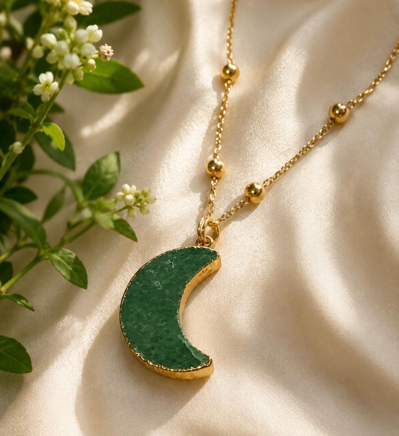 Green Aventurine Crescent Moon Pendant: Gold-Plated Healing Crystal Necklace
