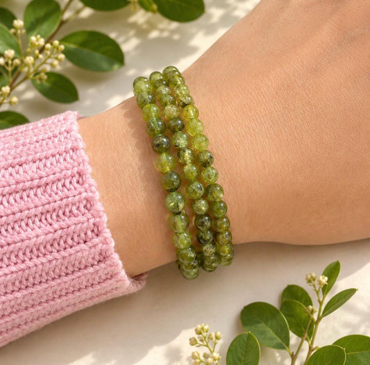 Handmade Peridot 3mm Crystal Bead Stretch Bracelet (7.5”)