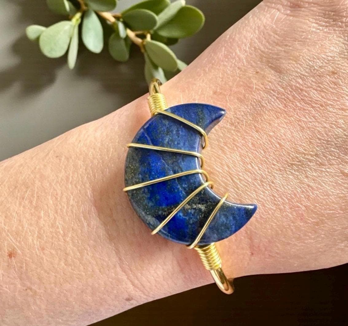 Lapis Lazuli Moon Bangle: Gold Plated Crystal Cuff. Handmade