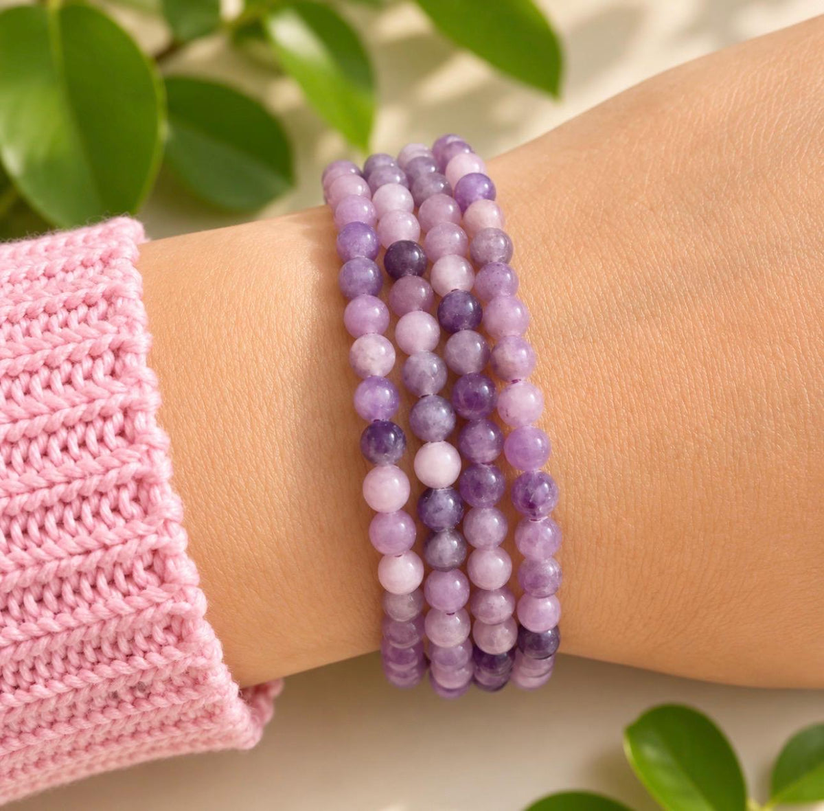 Lepidolite Crystal Bracelet: 3mm Polished Beads, Calm & Balance