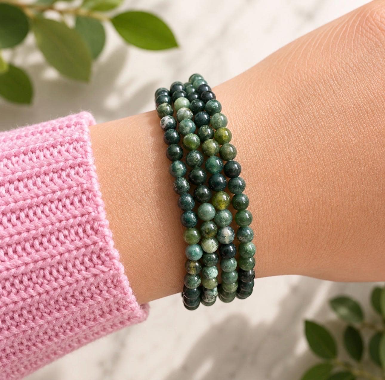 Moss Agate Crystal Bracelet: 3mm Polished Beads, 7.5. Grounding Energy