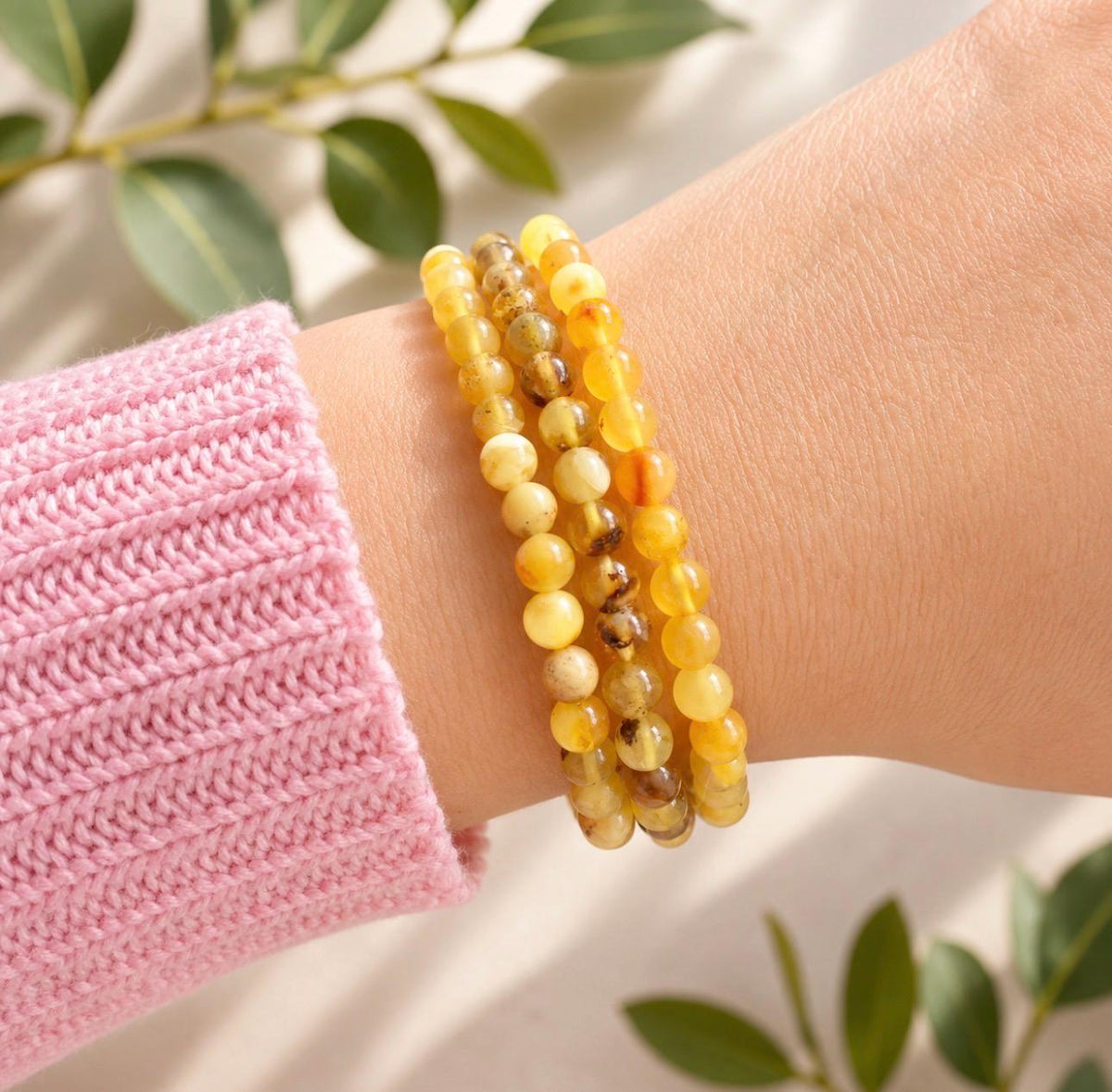 Polished Amber Crystal Bracelet: Calming Natural Stone, 7.5"