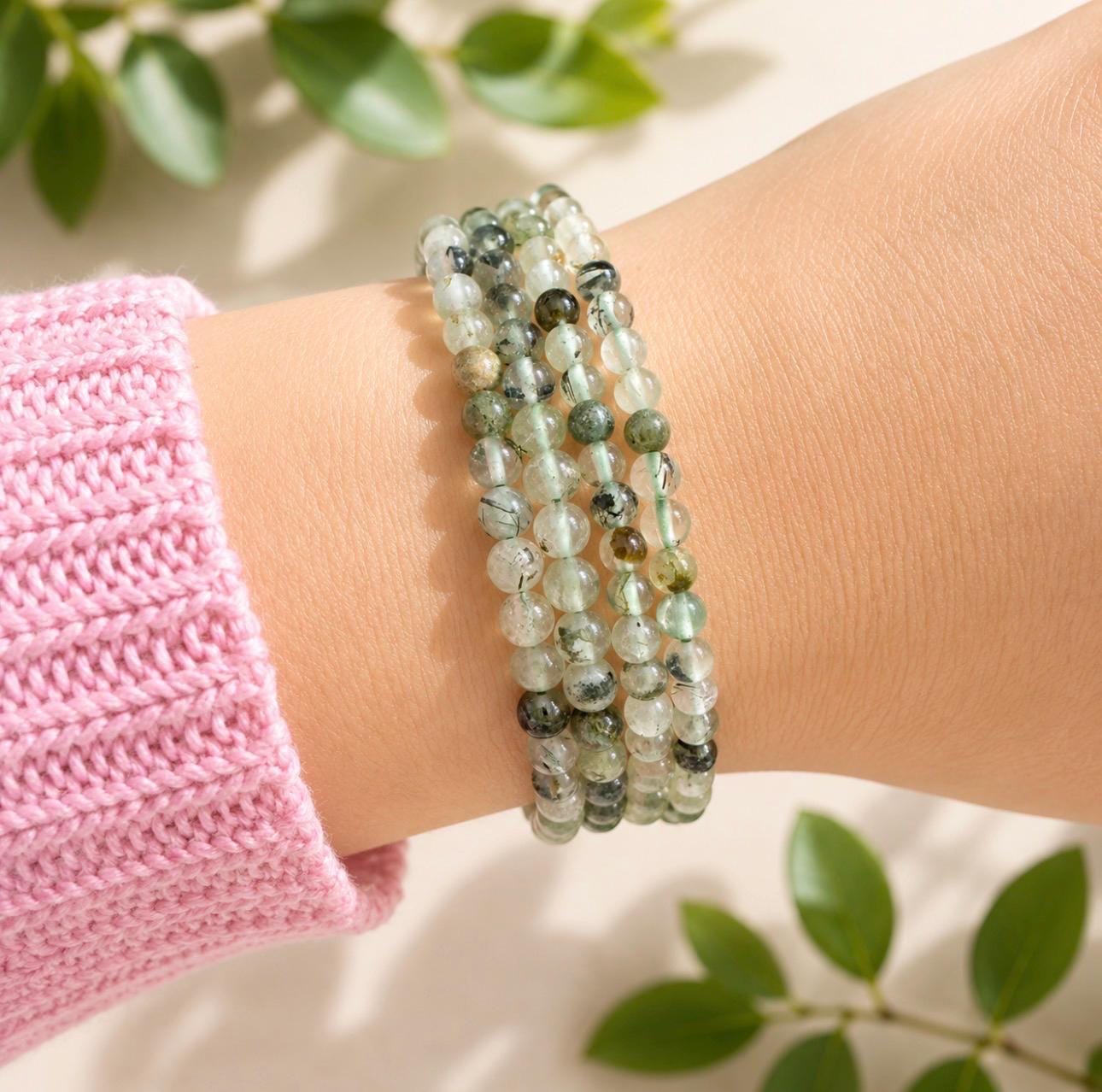 Prehnite Crystal Beaded Bracelet: Heart & Soul Healing, 7.5"