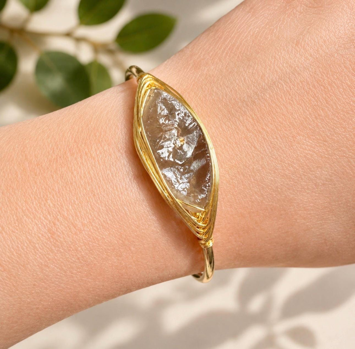 Smokey Quartz Cuff Bangle: Raw Crystal Bracelet. Gold Plated