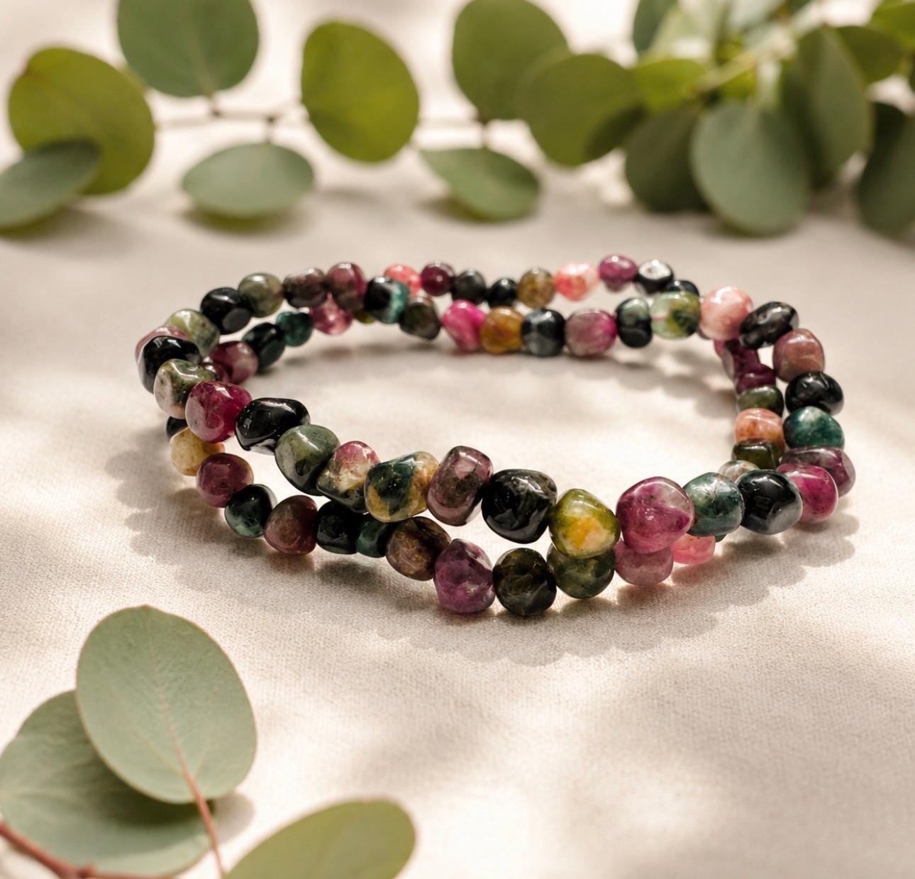 Watermelon Tourmaline Bracelet: Polished Crystal Beads, Joy & Balance - 7.5"