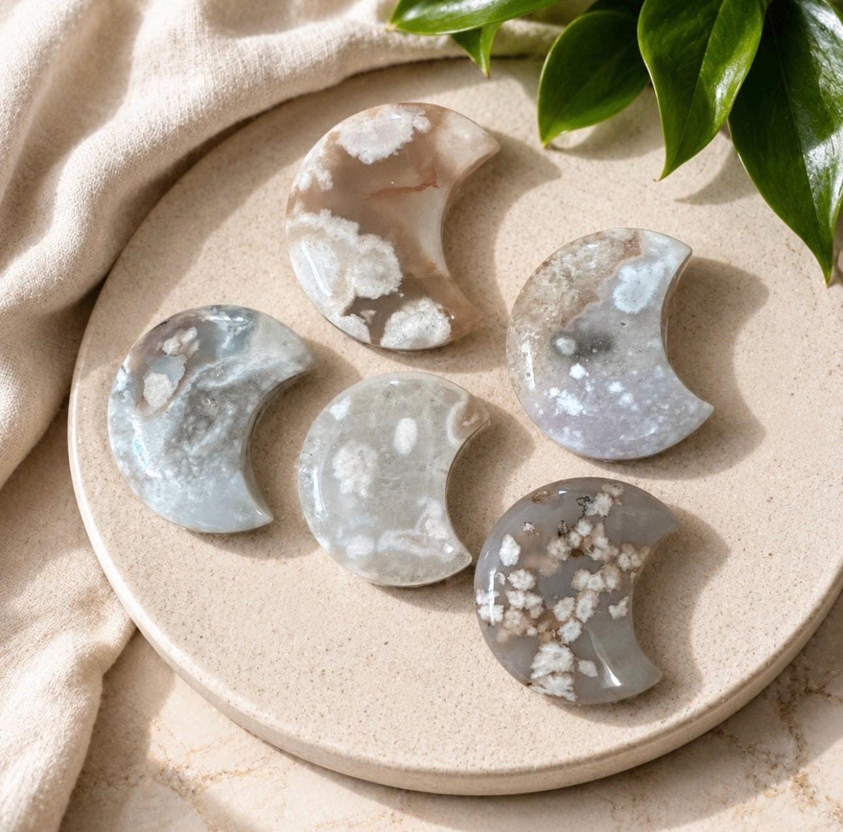 Flower\Blossom Agate Crescent Moon – Luna by Louise, Crystal Shop UK