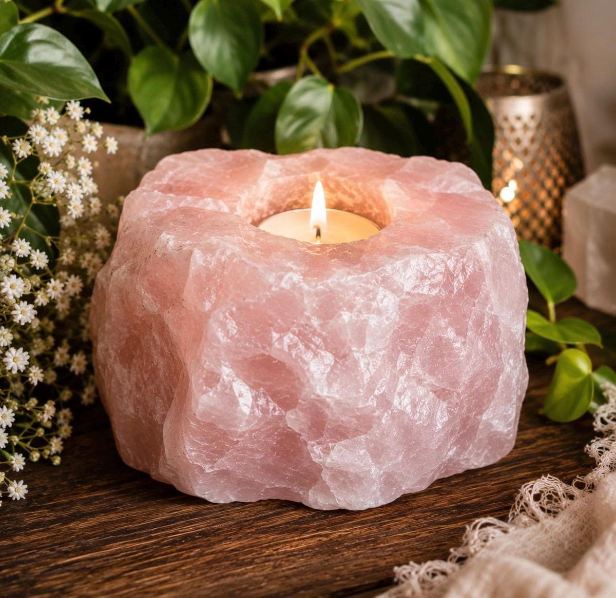 Rose Quartz Crystal Tealight Holder - 'Stone of Love' Candleholder