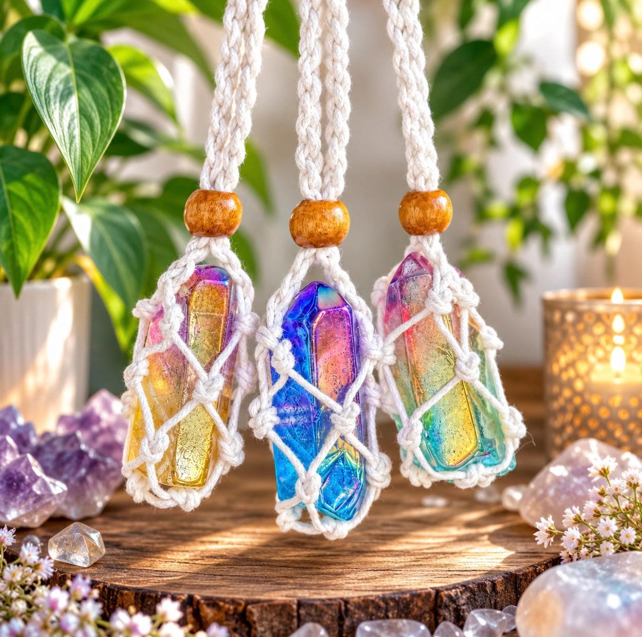 Aura Quartz Pendant Necklace | Aura Crystal Necklace | Macramé Crystal Pendant | Rainbow Aura Quartz Point | Gift for Her