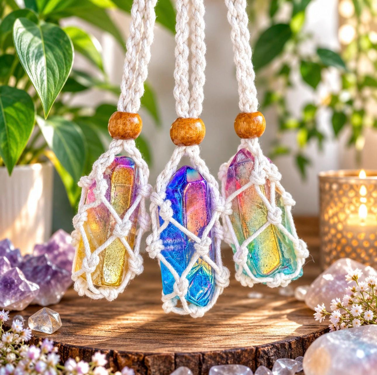Aura Quartz Pendant Necklace | Aura Crystal Necklace | Macramé Crystal Pendant | Rainbow Aura Quartz Point | Gift for Her