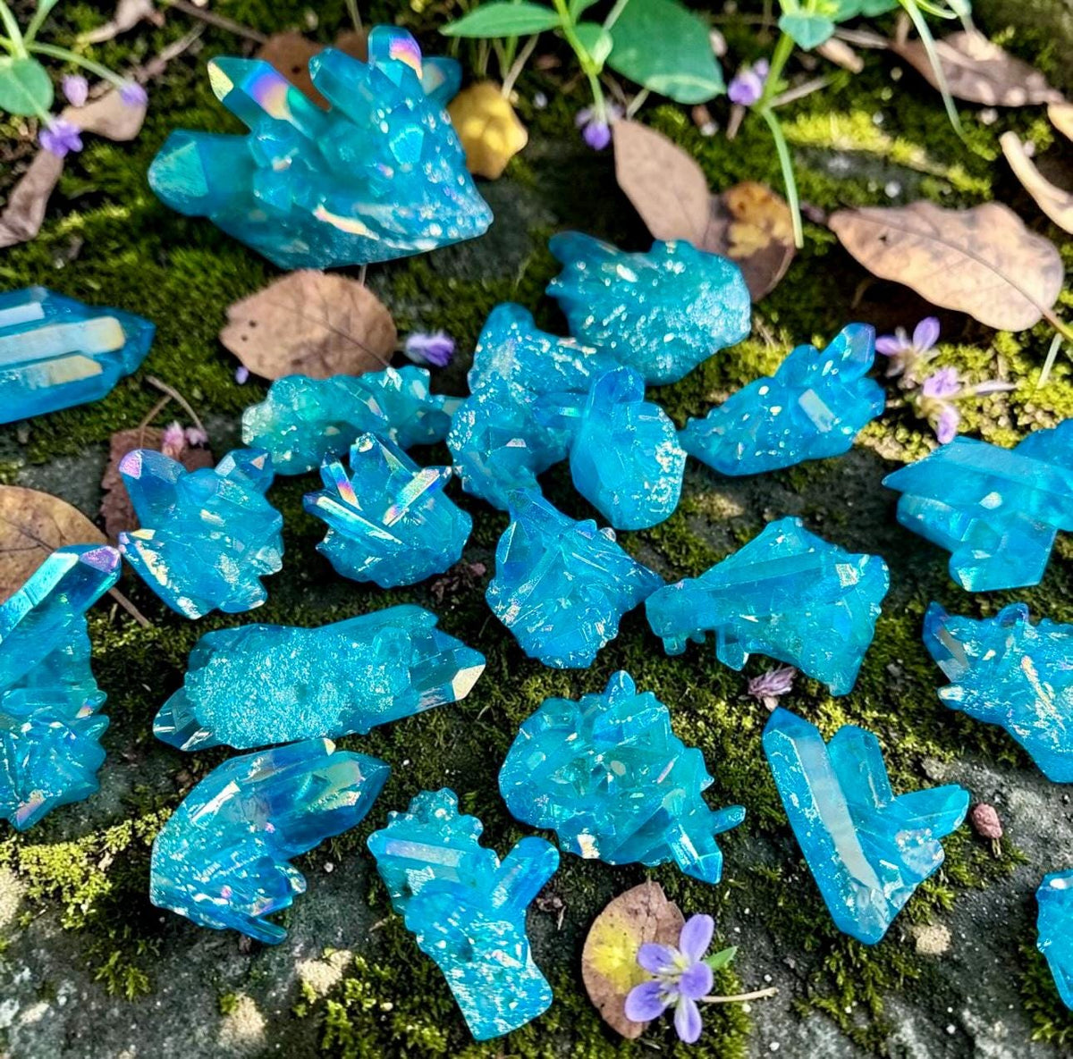 Mini Aqua Aura Quartz Crystal Clusters: Spiritual Healing Obelisk