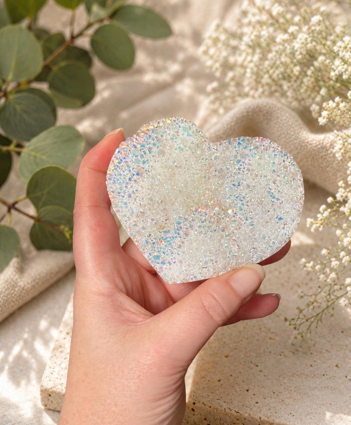 Opal Aura White Quartz Crystal Cluster Heart: Ethereal Healing Stone, Unique Crystal Cluster Heart. Luna by Louise UK