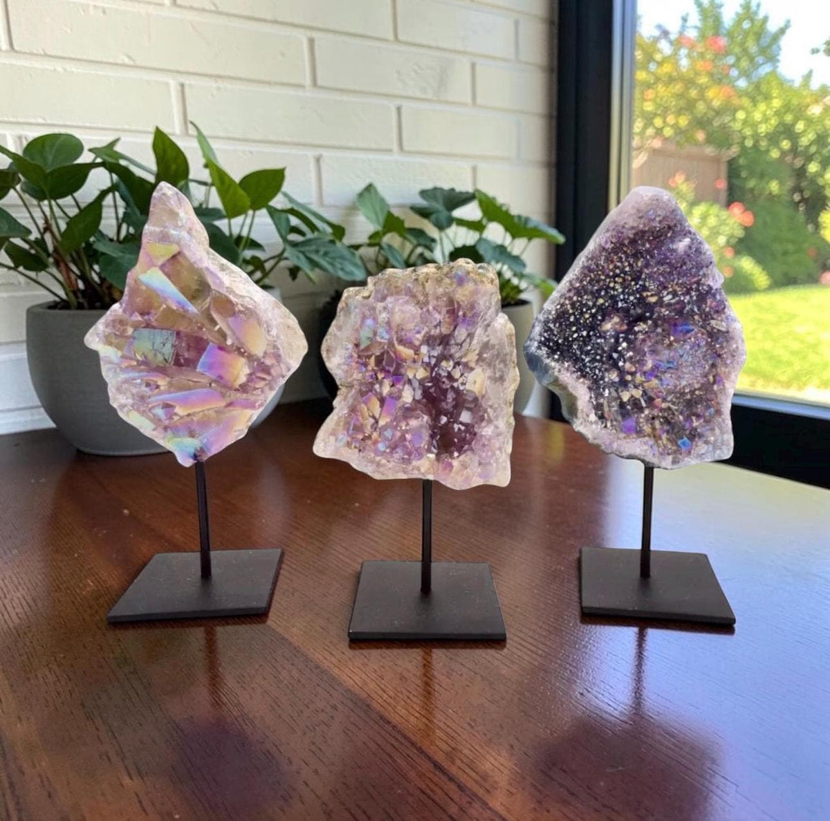 Angel Aura Quartz Cluster on Stand | Aura Quartz Display | Natural Quartz with Angel Aura Finish | Crystal Home Décor | Freestanding Crystal