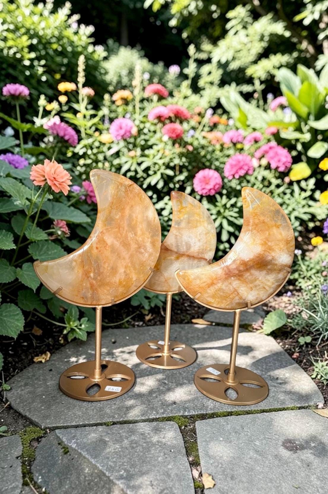 Large Golden Healer Quartz Crescent Moon Carving 21cm H| Natural Crystal Décor on Stand