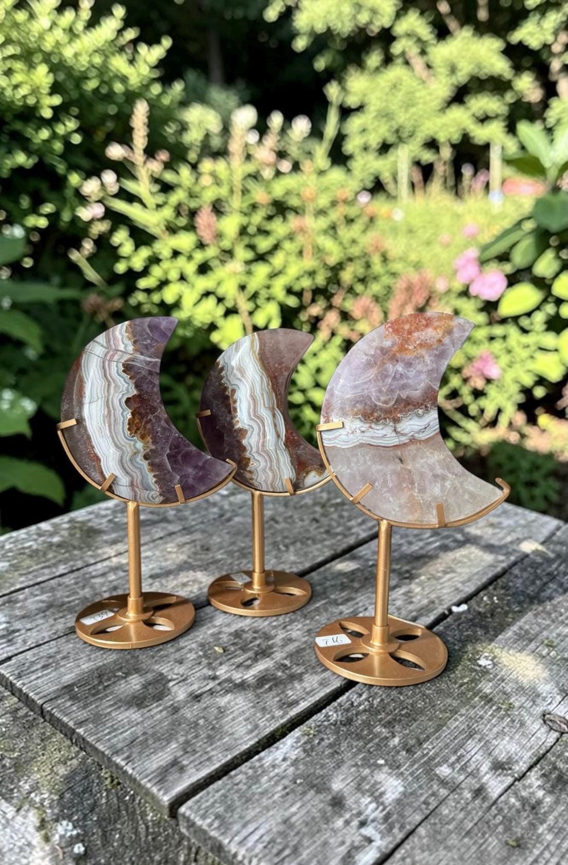 Large 22cm Amethyst & Lace Agate Crystal Moon Carving on Stand: Banded Statement Piece