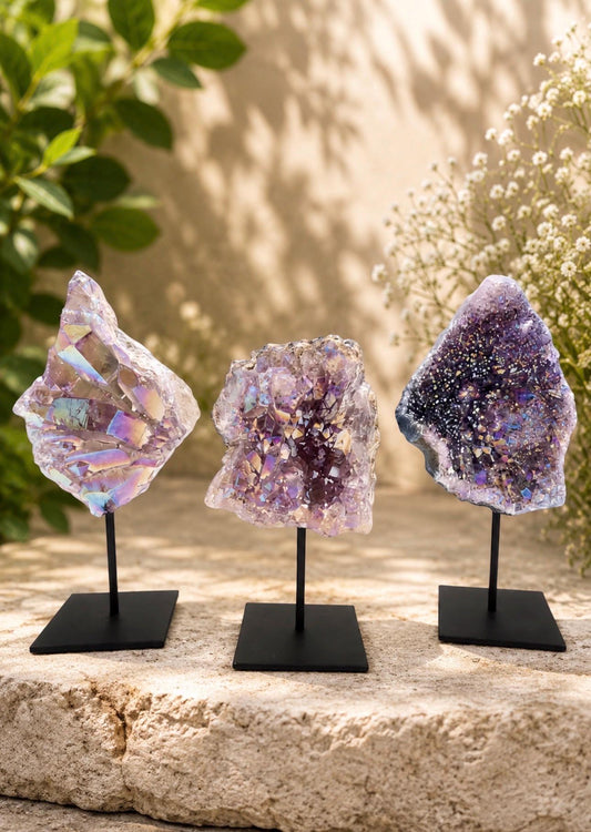 Angel Aura Quartz Cluster on Stand | Aura Quartz Display | Natural Quartz with Angel Aura Finish | Crystal Home Décor | Freestanding Crystal