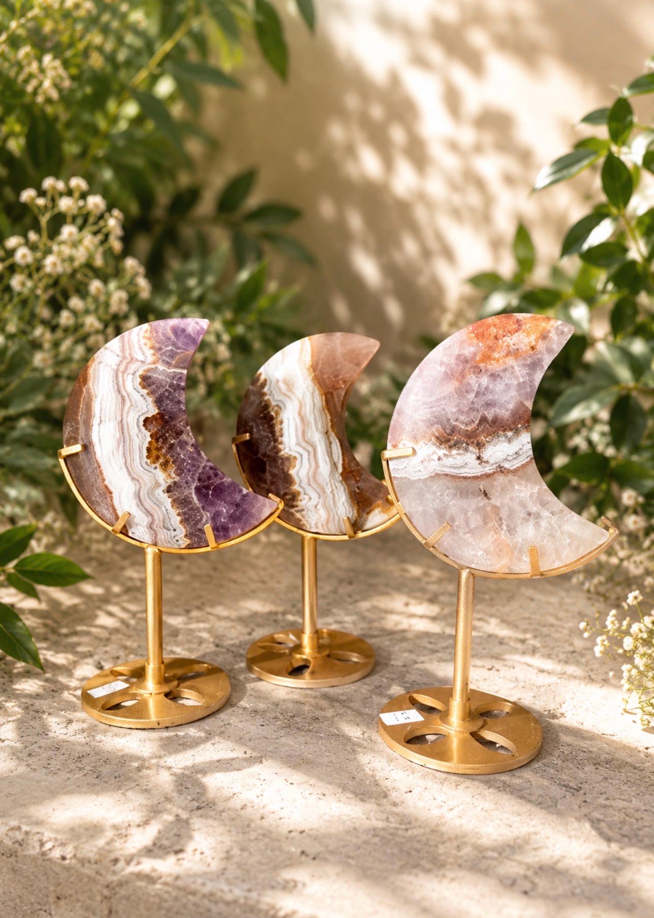 Amethyst & Lace Agate Crystal Moon Carving on Stand: Banded Statement Piece
