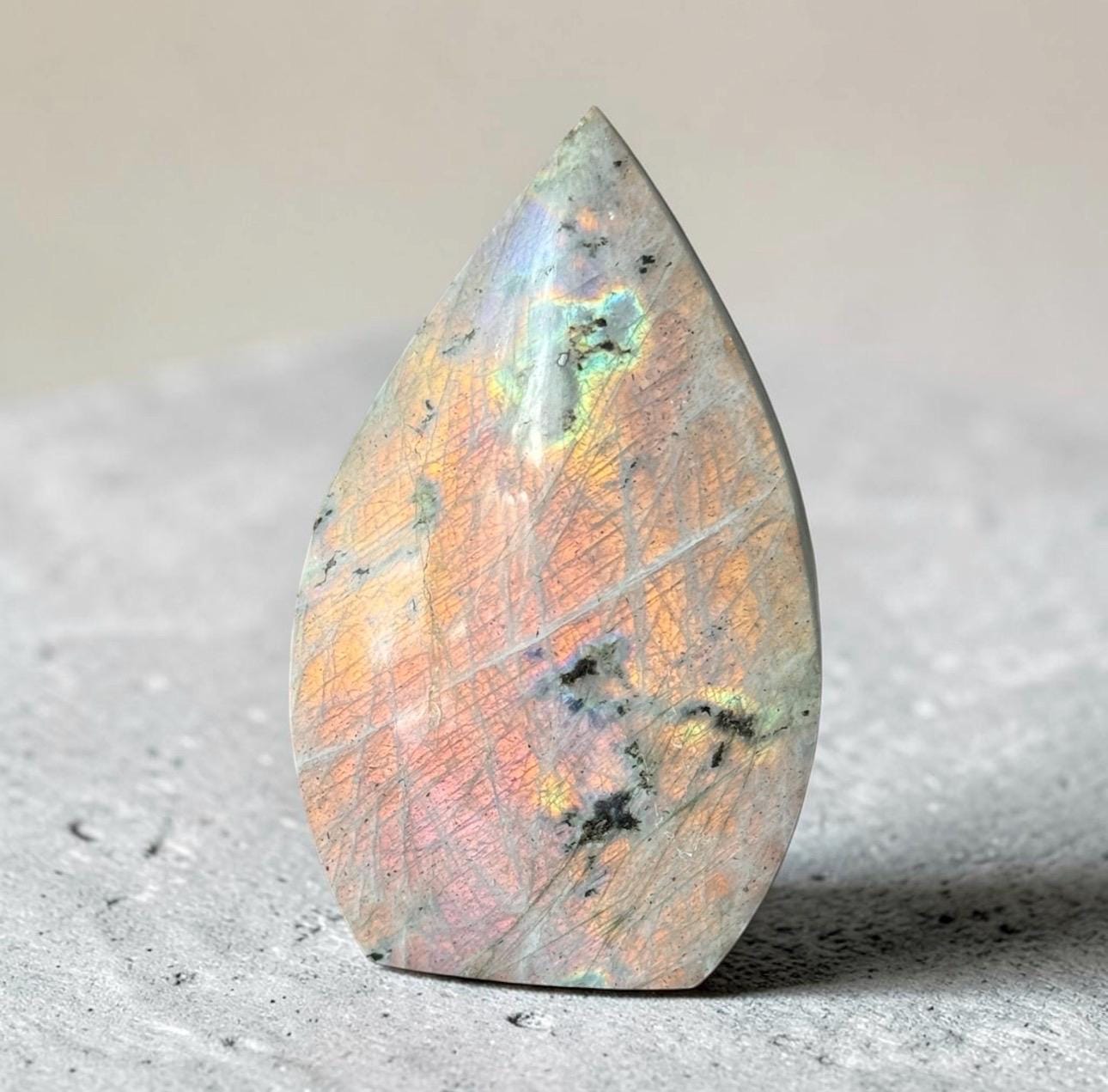 Polished Sunset Labradorite Crystal Flame : Pink, Purple, Gold Flash