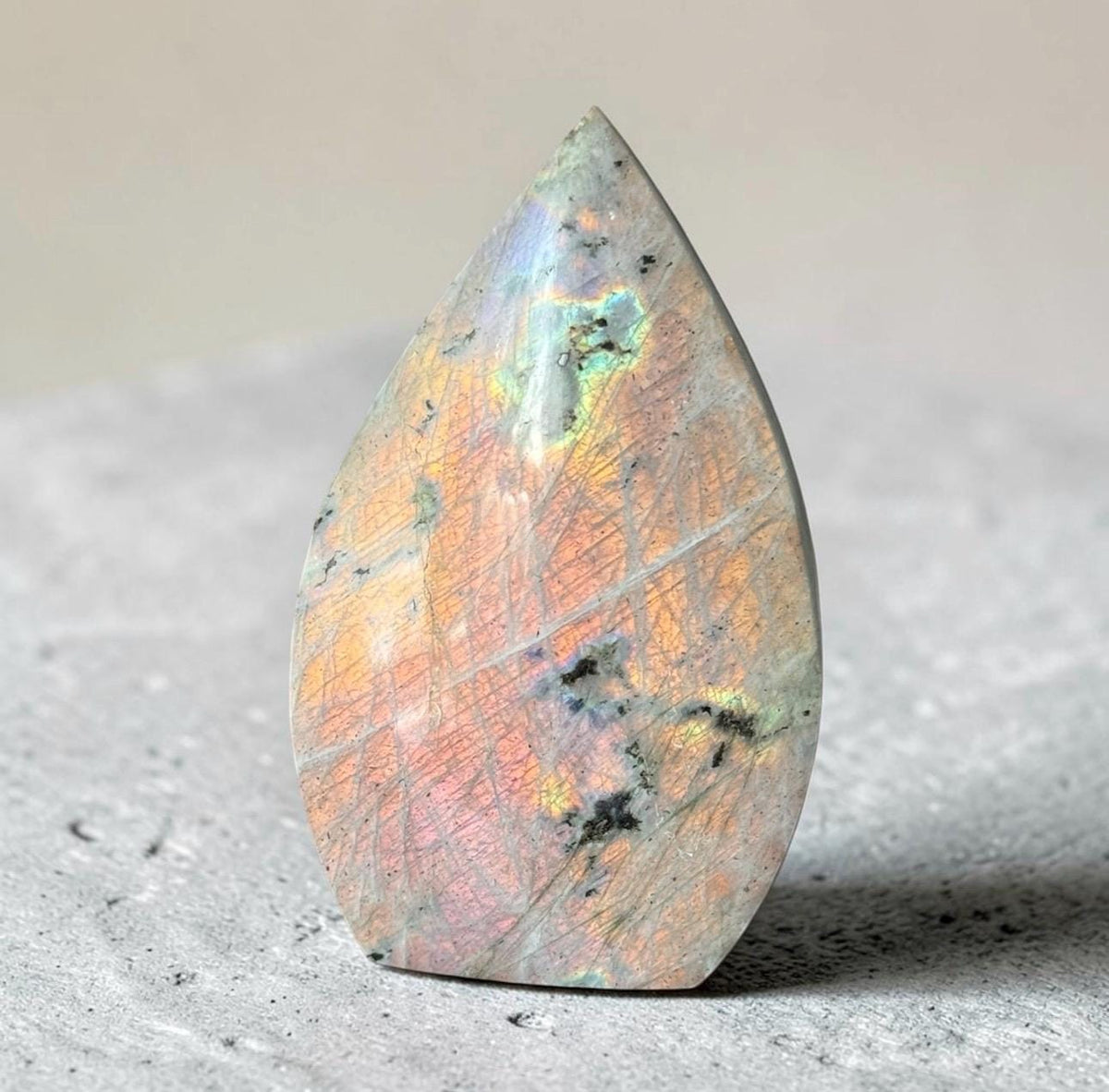 Polished Sunset Labradorite Crystal Flame : Pink, Purple, Gold Flash