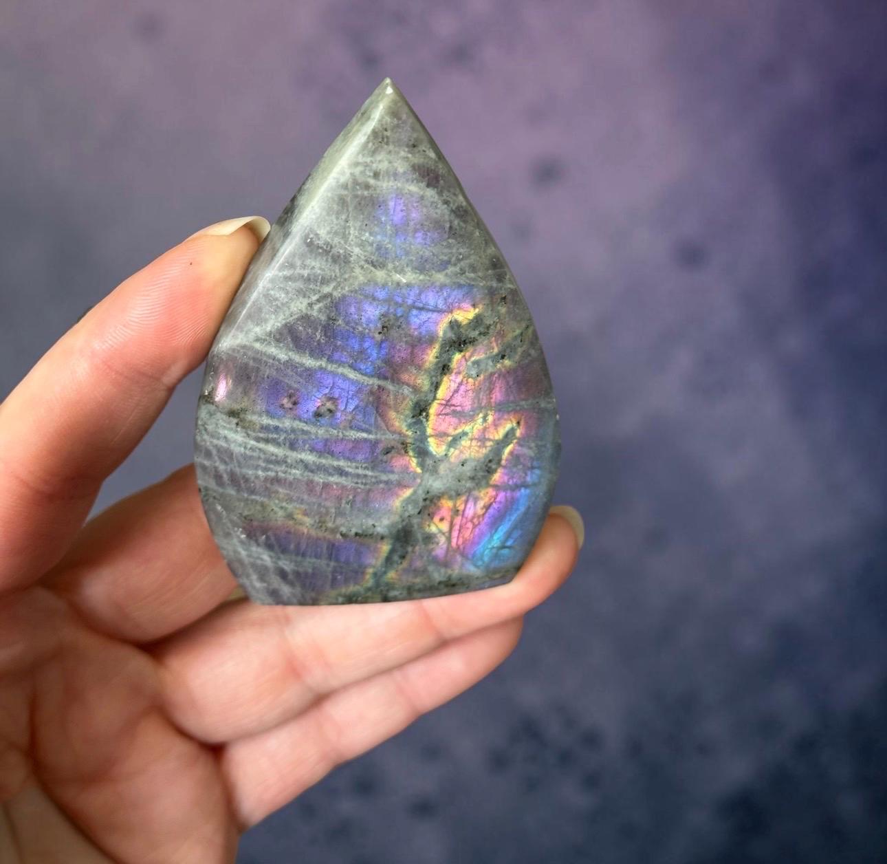 Polished Sunset Labradorite Crystal Flame : Pink, Purple, Gold Flash