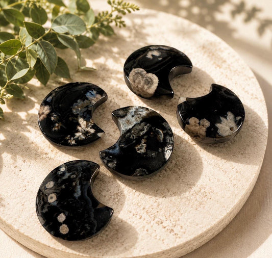 Black Flower / Blossom Agate Crescent Moon: Rare Growth Crystal Carving