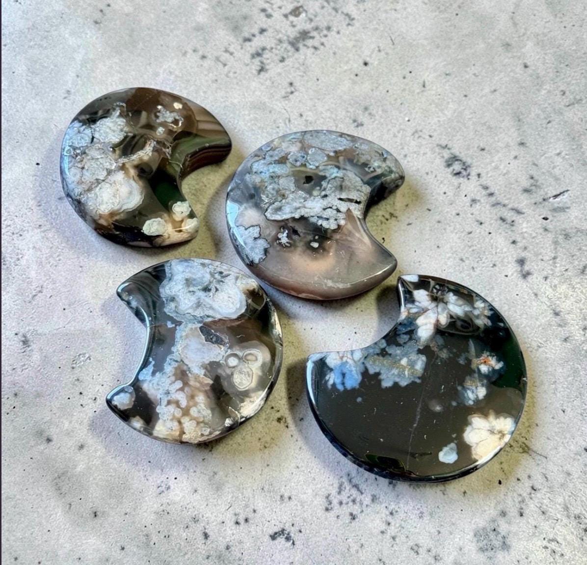 Black Flower / Blossom Agate Crescent Moon: Rare Growth Crystal Carving