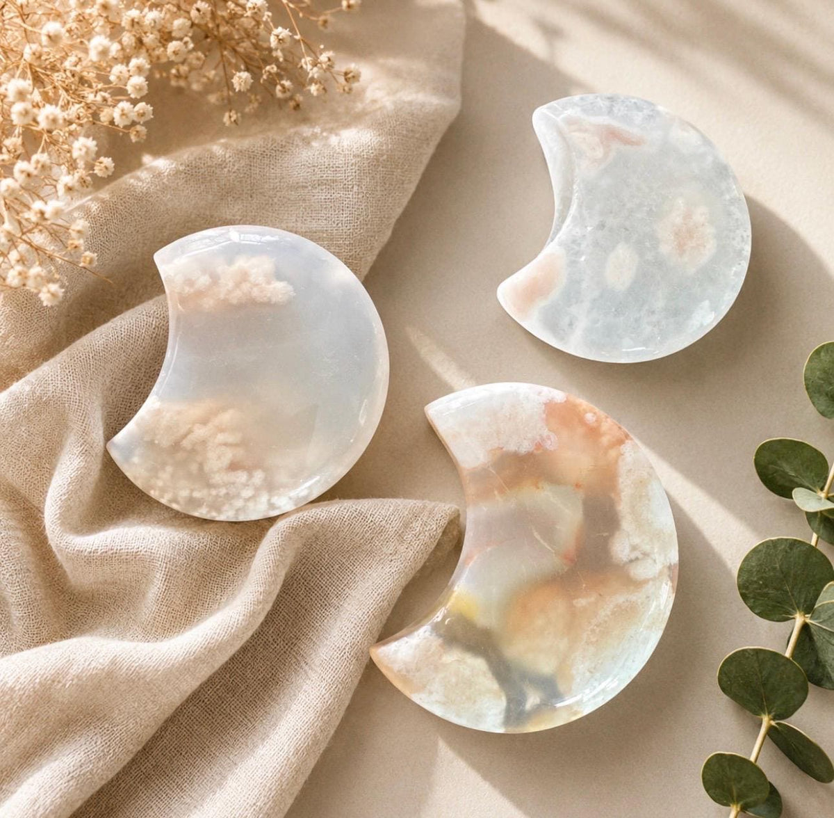 Flower\Blossom Agate Crescent Moon – Luna by Louise, Crystal Shop UK