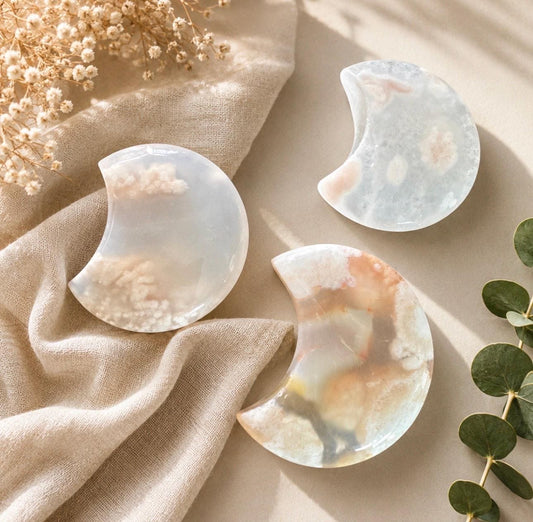 Flower\Blossom Agate Crescent Moon – Luna by Louise, Crystal Shop UK