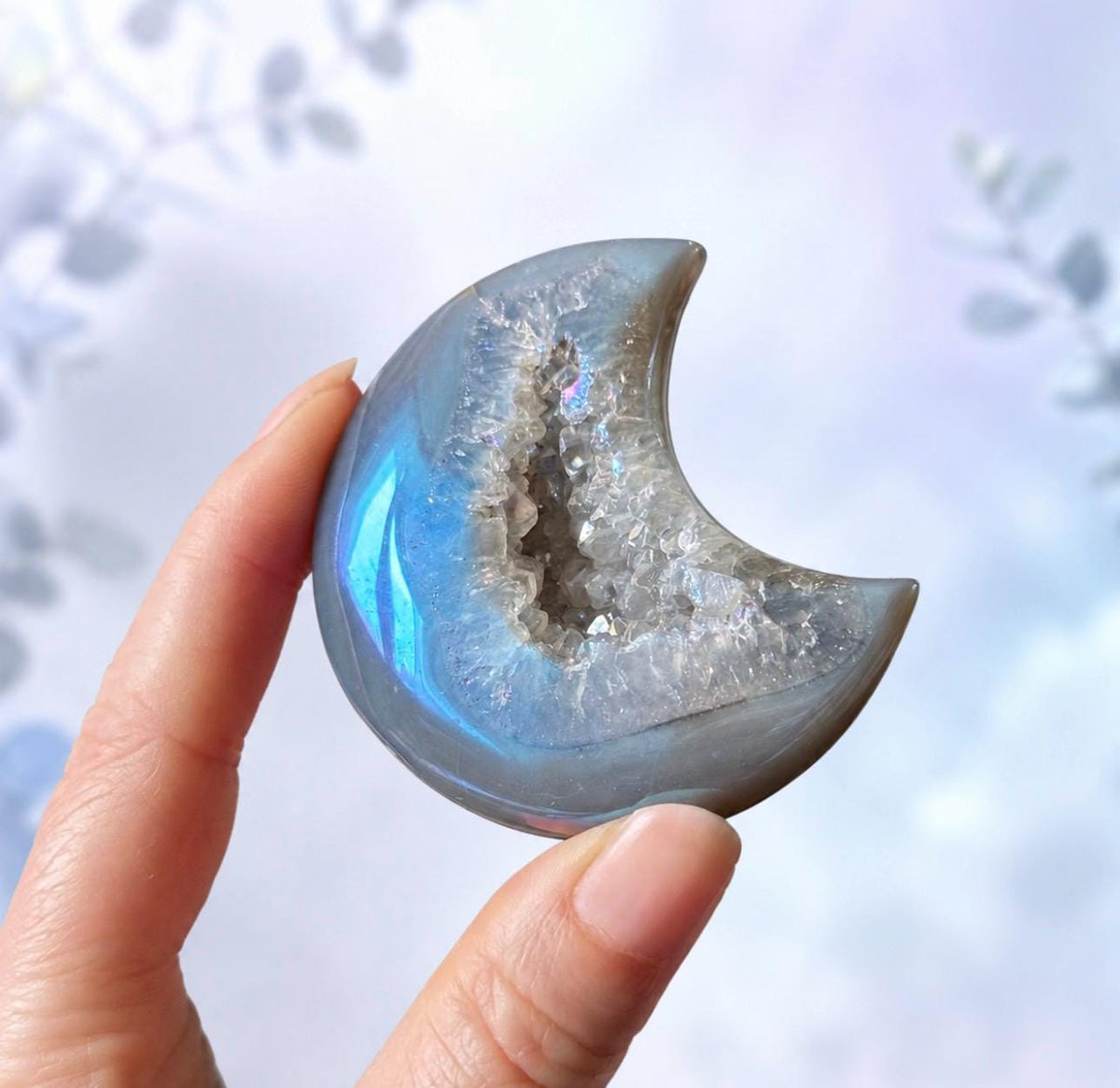 Aura Agate Druzy Moon – Iridescent Crystal Crescent | Balance, Protection & Moon Energy #2