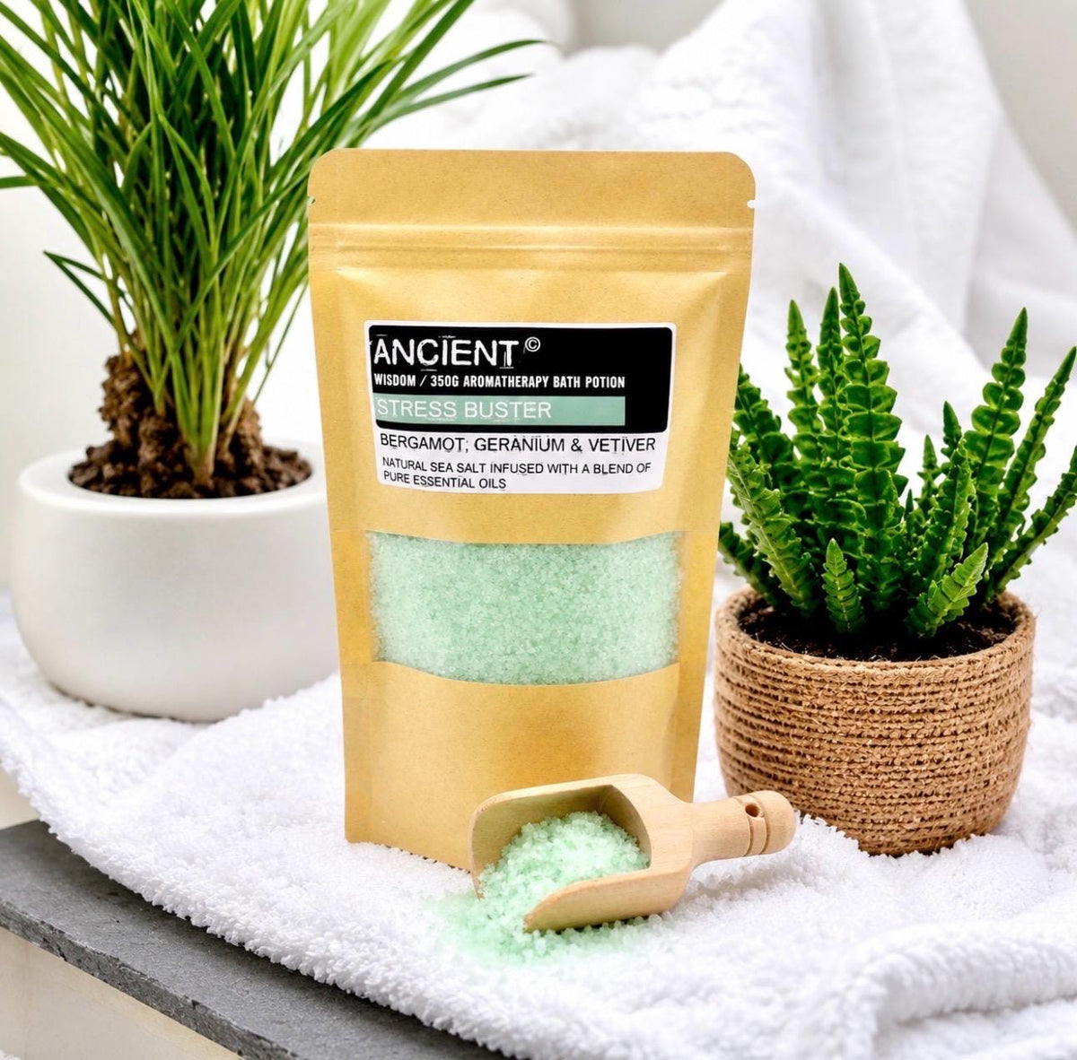 Stress Buster Aromatherapy Bath Salts | Bergamot Geranium & Vetiver | Natural Sea Salt Bath Soak | Essential Oil Bath Potion | Spa Gift