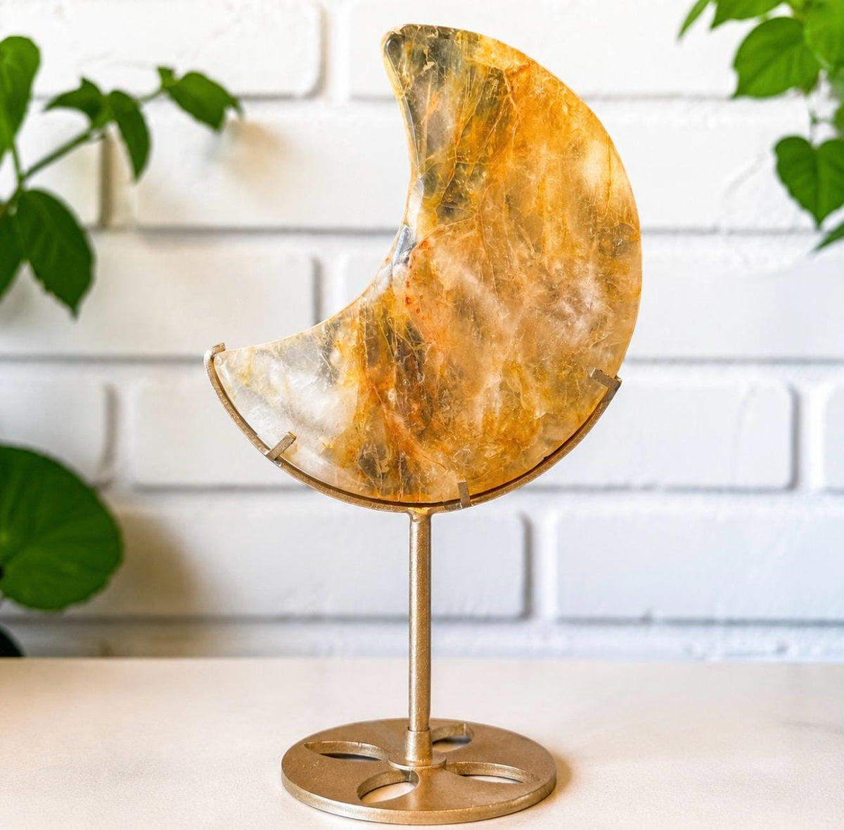 Large Golden Healer Quartz Crescent Moon Carving 21cm H| Natural Crystal Décor on Stand