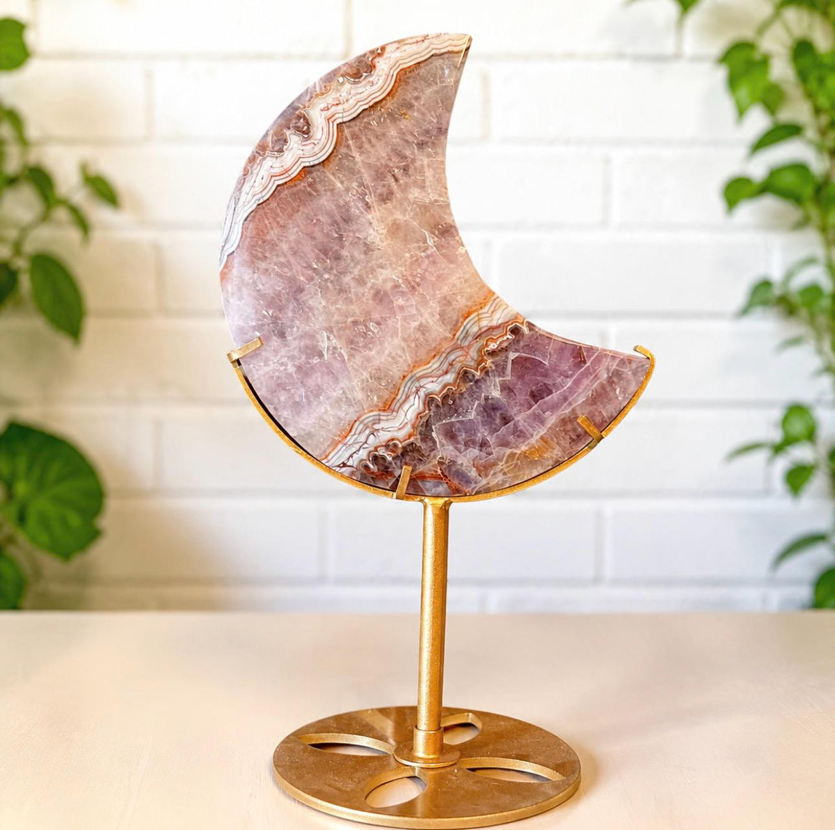 Large 22cm Amethyst & Lace Agate Crystal Moon Carving on Stand: Banded Statement Piece